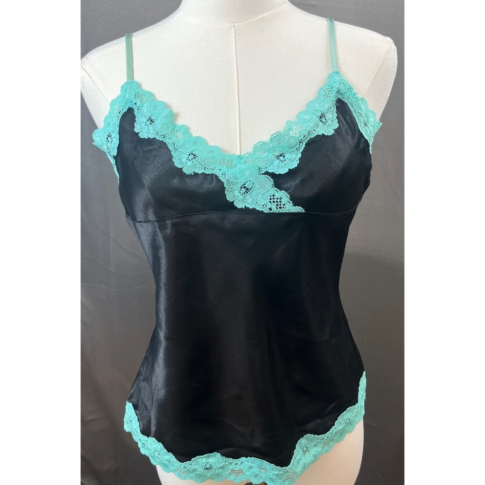 One Step Up Black Silky Lace Trimmed Cami Tank Top Womens Medium Mint Green Lace